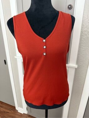 SHEIN Ribbed Henley Tank Top - Brick Red